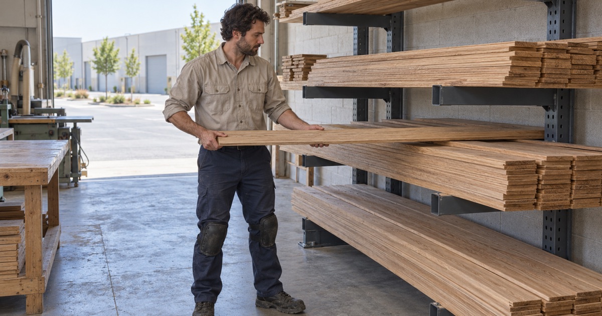 Worker drawing a long oak board from a horizontal lumber rack in a Cypress wood flooring workshop.