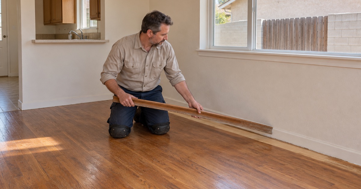 Worker lifting old painted shoe molding away to show the original color of a 50-year-old oak floor in Cypress.