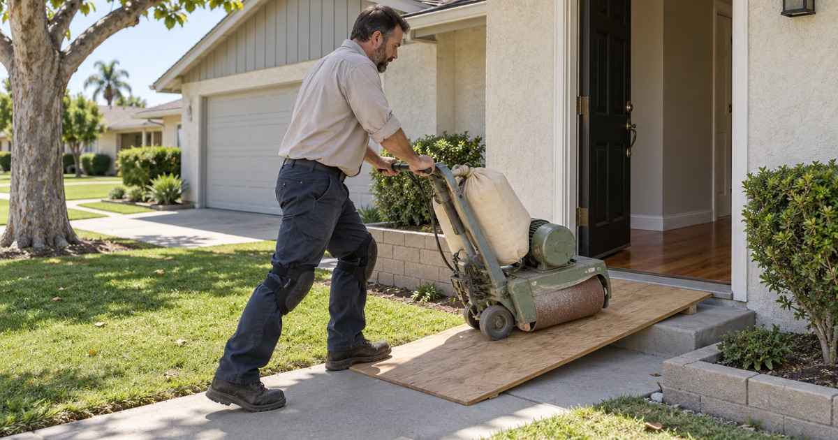 Worker wheeling a drum sander up a plywood ramp to the front door of a single-story house in Cypress.