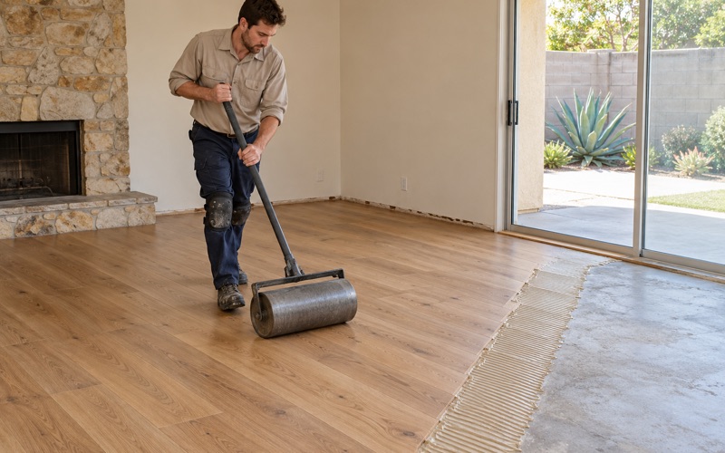 Worker rolling newly glued engineered white oak planks onto a concrete slab in a Cypress house.