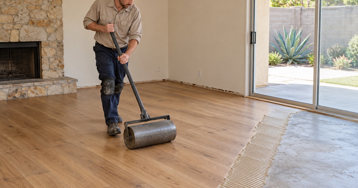 Worker rolling newly glued engineered white oak planks onto a concrete slab in a Cypress house.