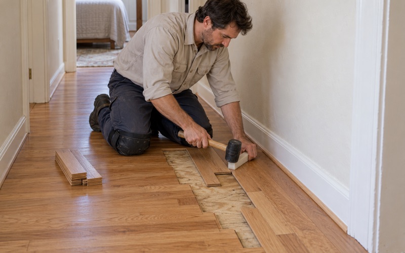 Worker tapping a replacement oak strip into a staggered lace-in repair with a tapping block in a Cypress hallway.