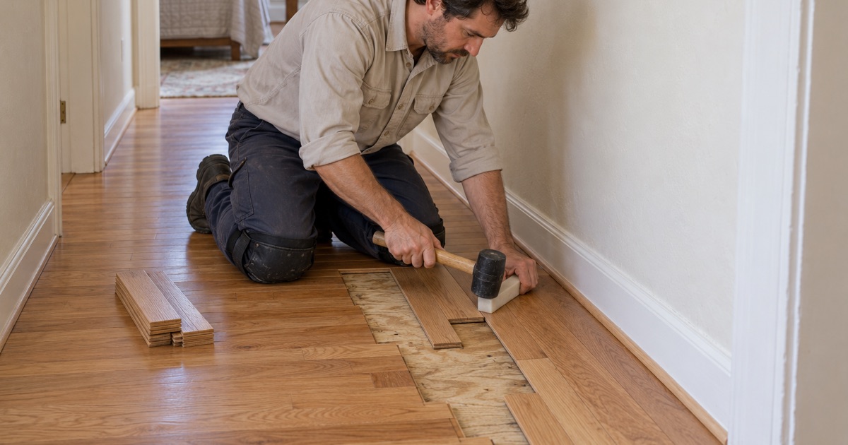 Worker tapping a replacement oak strip into a staggered lace-in repair with a tapping block in a Cypress hallway.