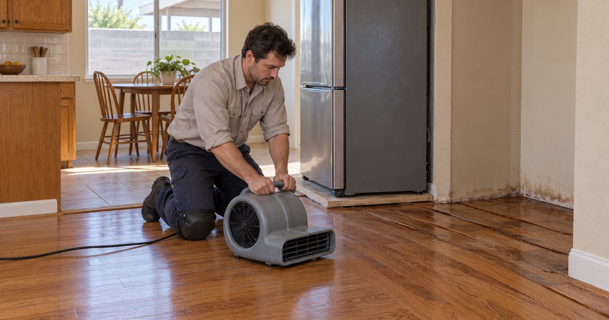 Worker setting down an air mover to dry cupped oak boards after a refrigerator line leak in a Cypress kitchen.
