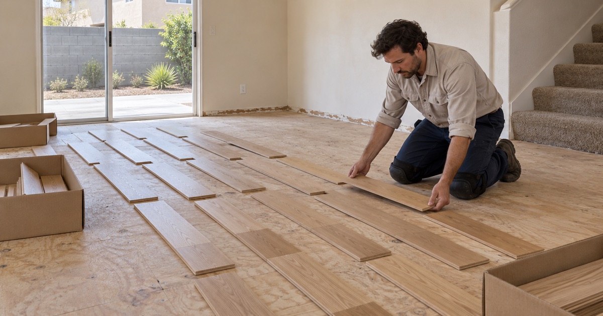 Worker dry-laying rows of new white oak boards across a plywood subfloor to blend their color before installation in Cypress.