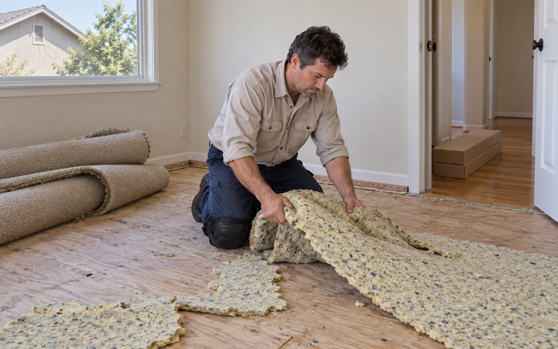 Worker gathering up old carpet pad from a bare plywood subfloor before new hardwood goes down in a Cypress bedroom.