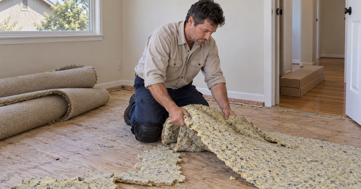 Worker gathering up old carpet pad from a bare plywood subfloor before new hardwood goes down in a Cypress bedroom.