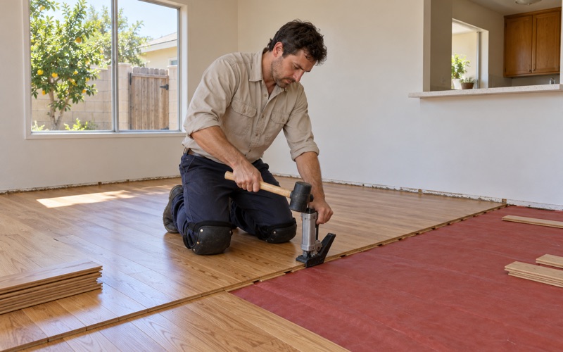 Worker nailing a solid red oak board through its tongue with a manual flooring nailer in a Cypress dining room.
