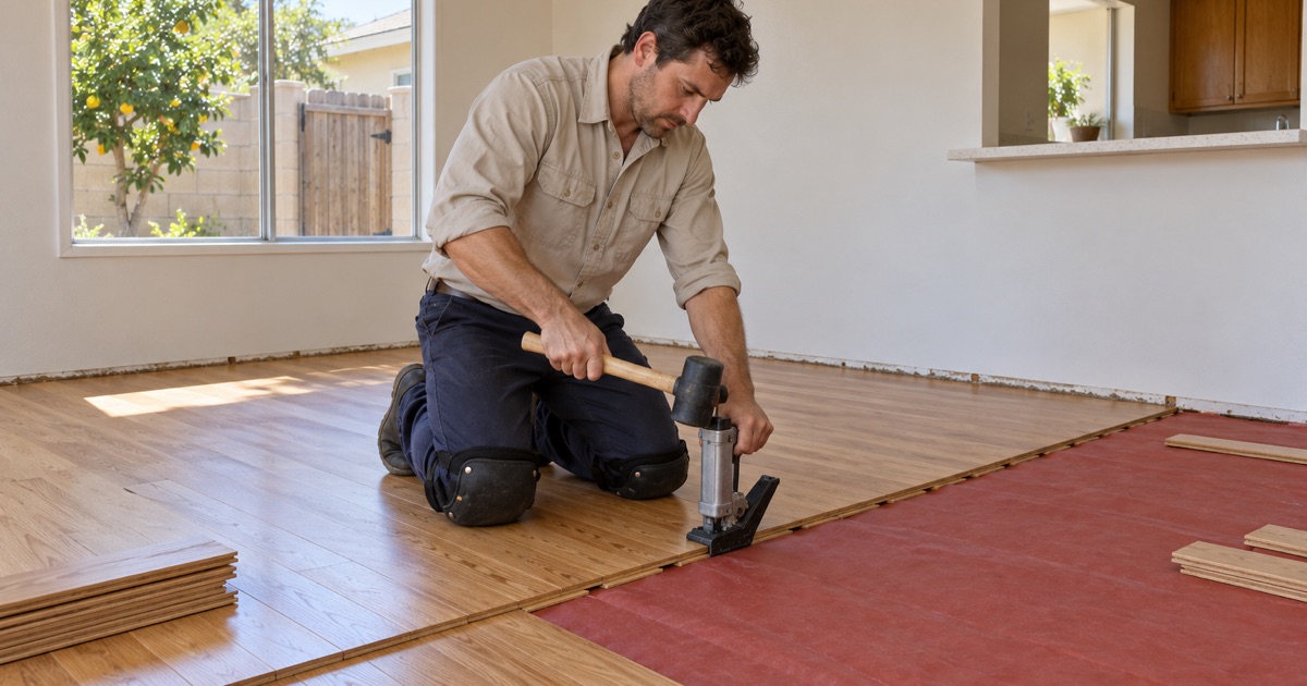 Worker nailing a solid red oak board through its tongue with a manual flooring nailer in a Cypress dining room.