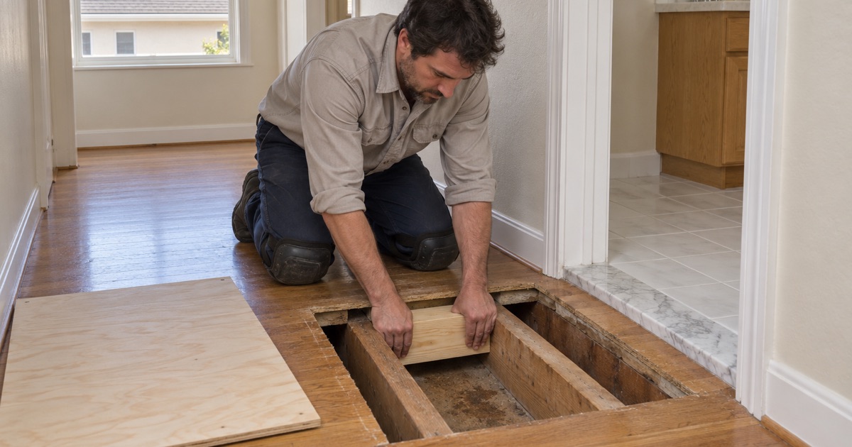 Worker fitting new wood blocking between floor joists under an opened upstairs floor in a two-story Cypress house.