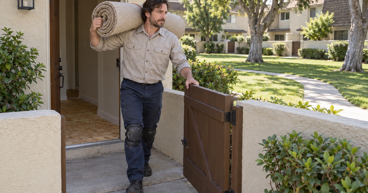 Worker carrying a rolled-up old carpet out through the patio gate of a two-story townhouse in Cypress.