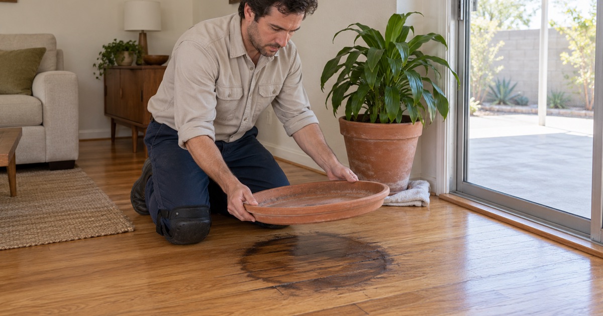 Worker lifting a planter saucer off a dark water stain spreading across oak boards by a sliding door in Cypress.
