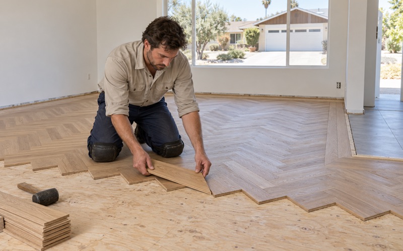 Worker setting white oak herringbone boards into their pattern at a centerline in a Cypress living room.