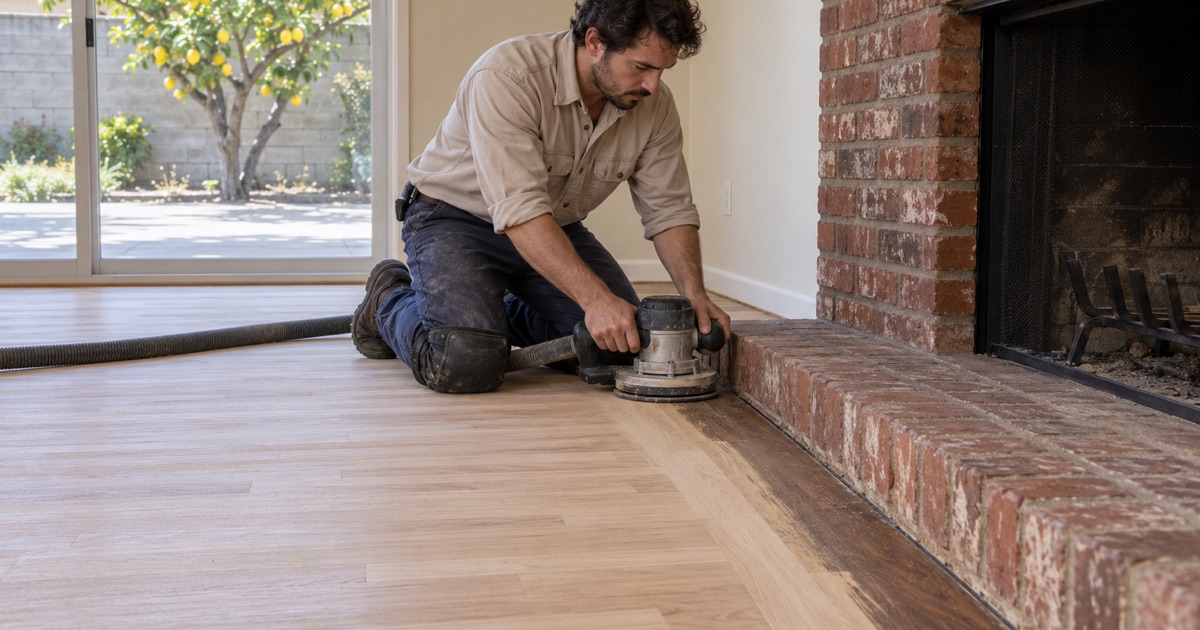 Worker running a disc edger along the used-brick fireplace hearth of a sanded oak floor in a Cypress family room.