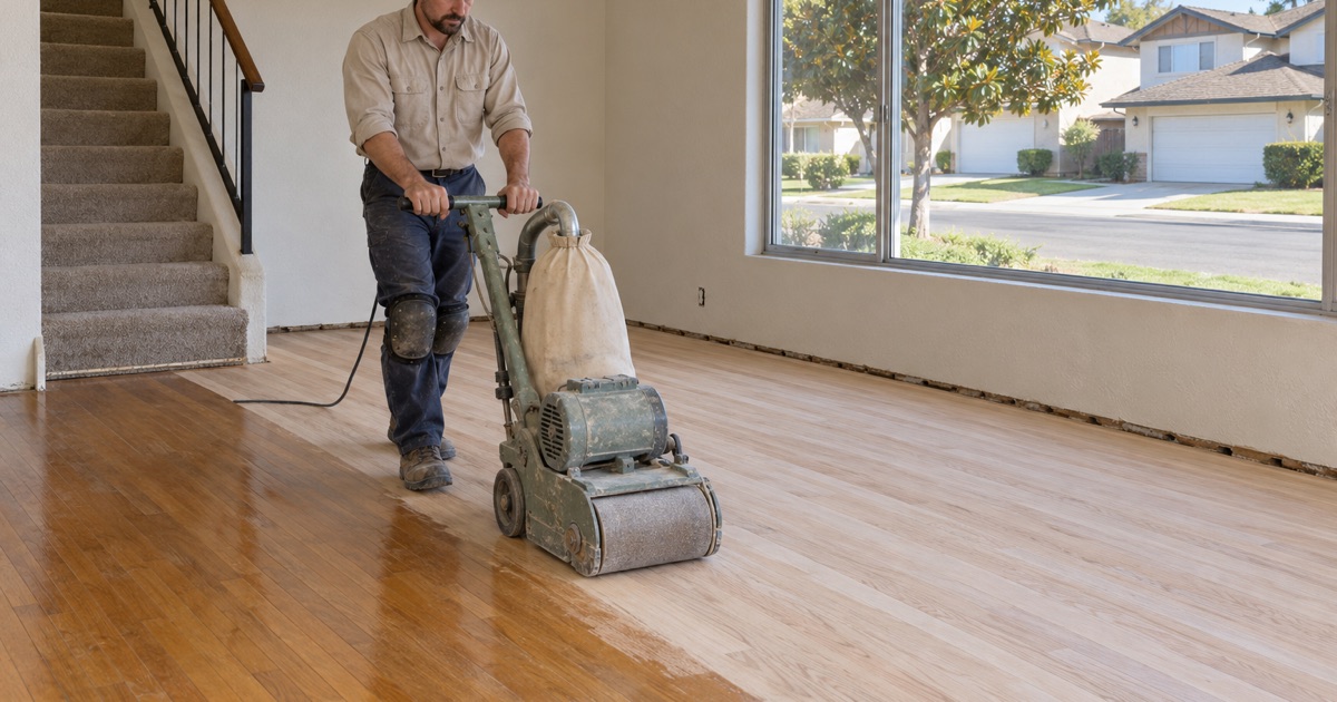 Worker drum-sanding the red oak strip floor of a 1970s two-story tract house living room in Cypress.